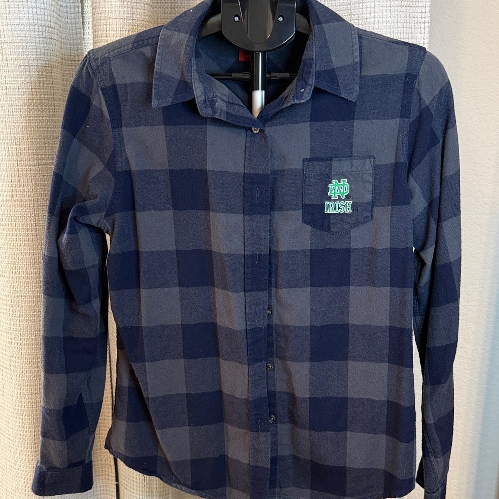 Notre Dame flannel Plaid Women's Button Down Shirt with logo